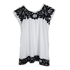 J. Marie Boho Embroidered Shift Dress‎ White Black Floral Bird Mini Dress Sz L
